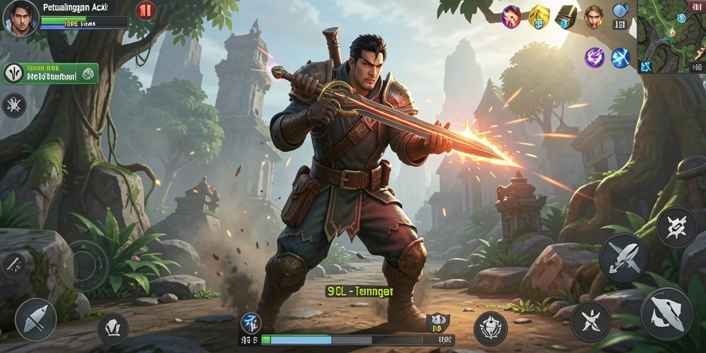 Screenshot gameplay 9SL menampilkan pertarungan epik di dunia fantasi.
