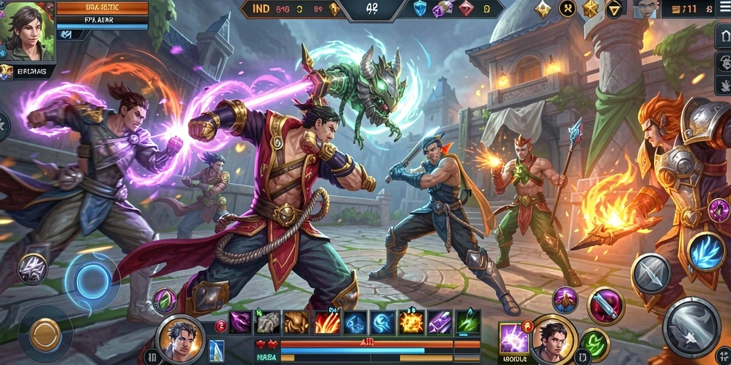 Screenshot gameplay <strong>ID678</strong> menampilkan pertarungan seru antar hero di arena.