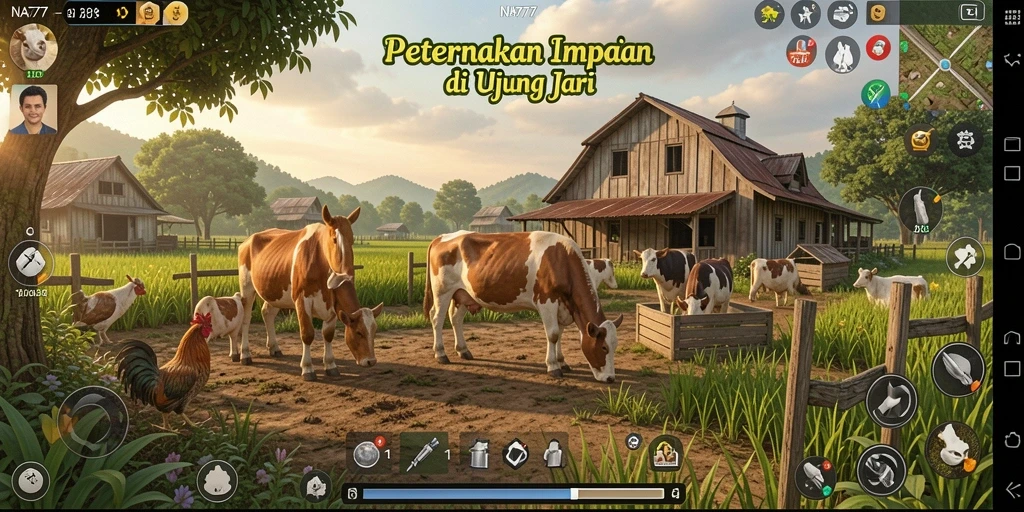 Tampilan gameplay dalam NA777 menampilkan ladang yang subur dengan berbagai tanaman.