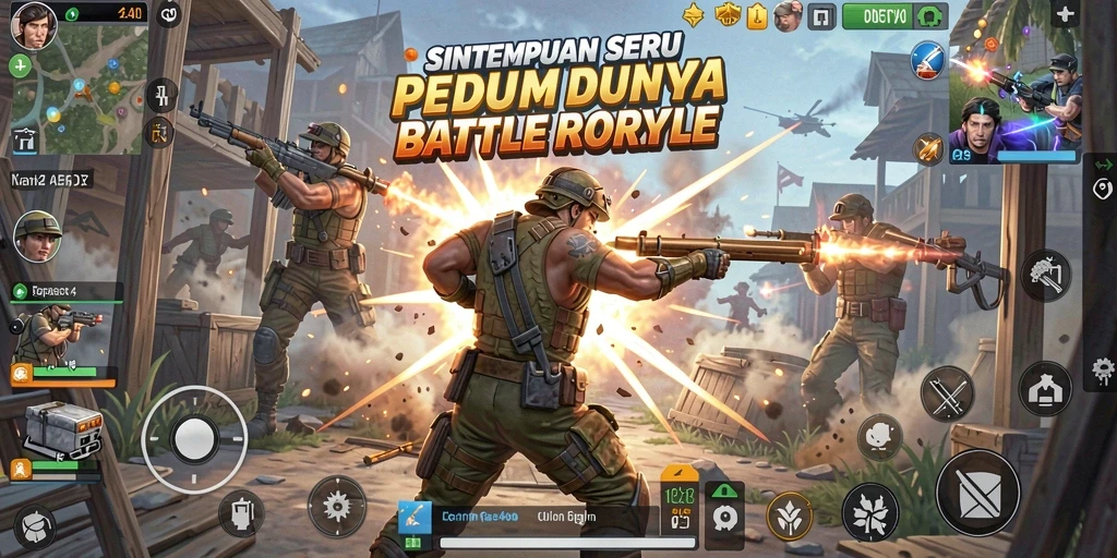 Tangkapan layar utama SINTE4D menampilkan aksi pertempuran intens di arena Battle Royale.